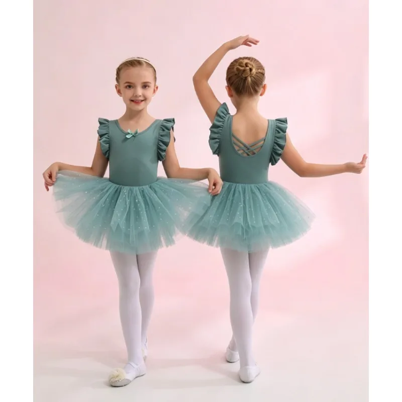 

Girls Ruffled Short Sleeve Leotard Kids Summer Dance Exam Gymnastics Outfit Daily Practice Stage Performance Stretchy Breathable