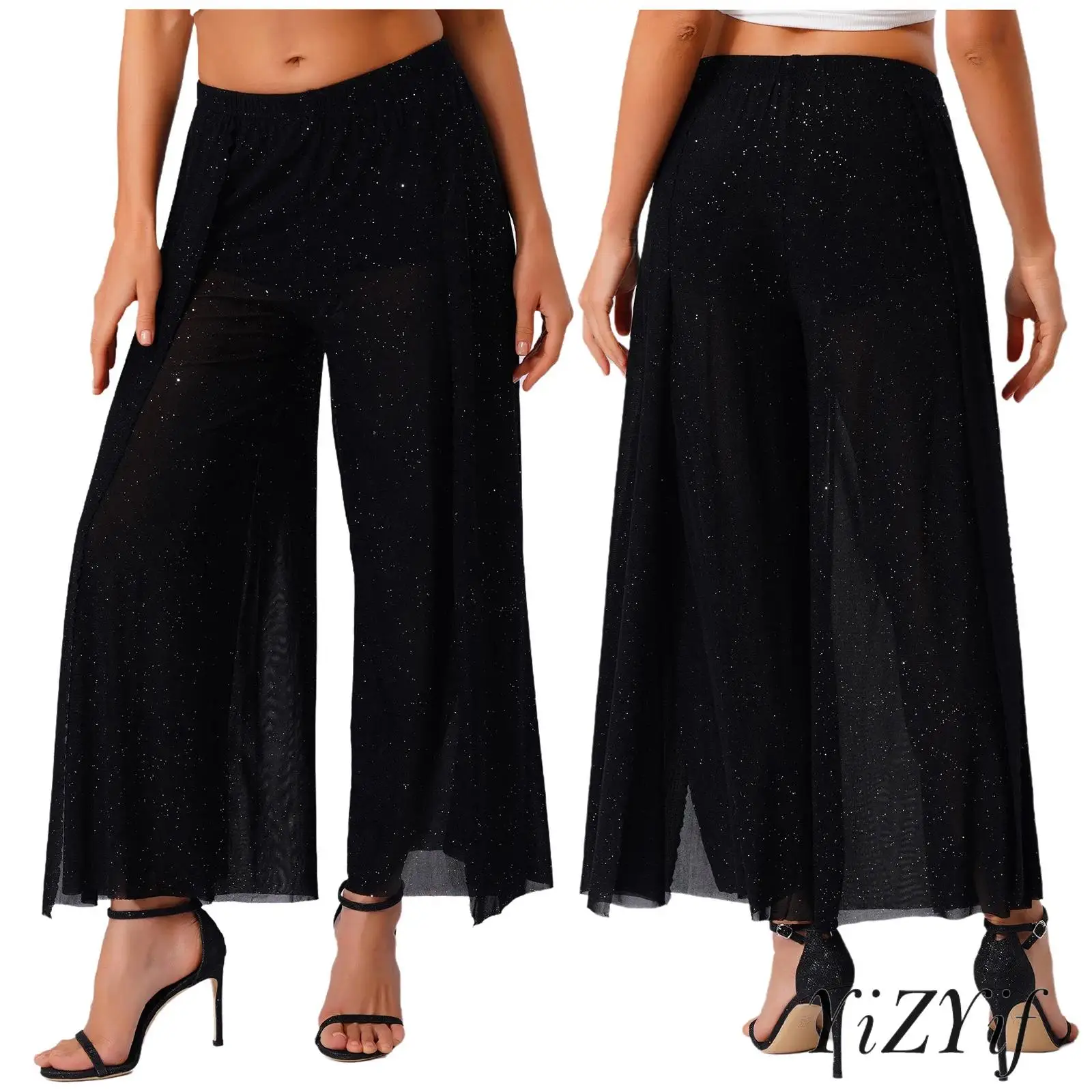 

Womens Sexy Shimmering Belly Dance Pants Flowy Wide Leg Mesh with Built In Shorts for Square Latin Ballroom Dance Performance