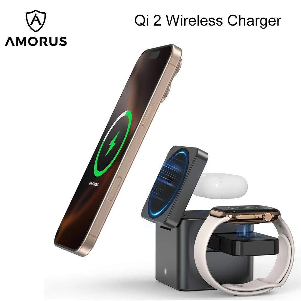 

AMORUS Qi 2 Wireless Charging Station 3 in 1 Magnetic Portable Charger for iPhone 16 15 Apple Watch Airpods 15W Max Fast Charger