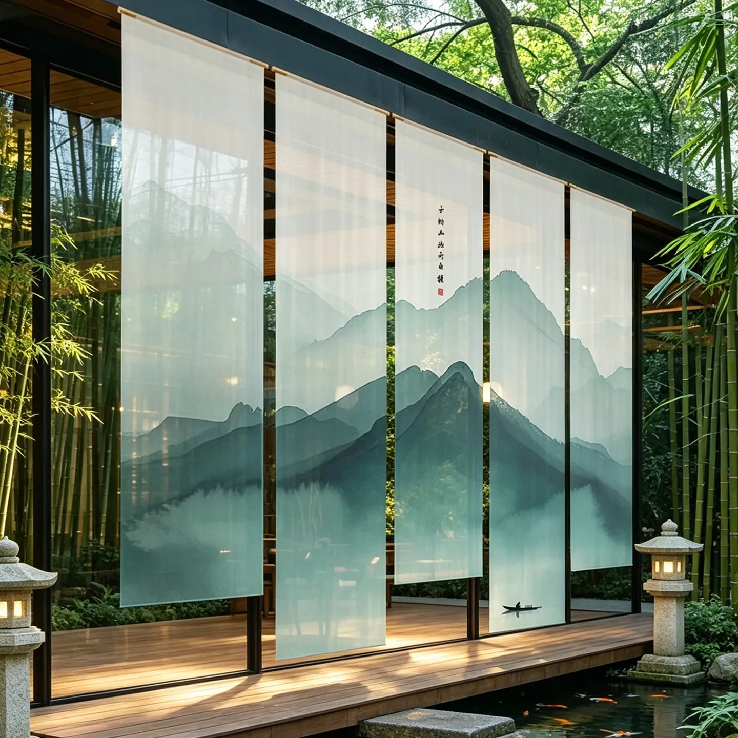 Wabi Sabi Gauze Curtain - Semi Transparent Mountain Hanging Divider, Japandi Style Room Screen for Yoga & Boutique Hotel