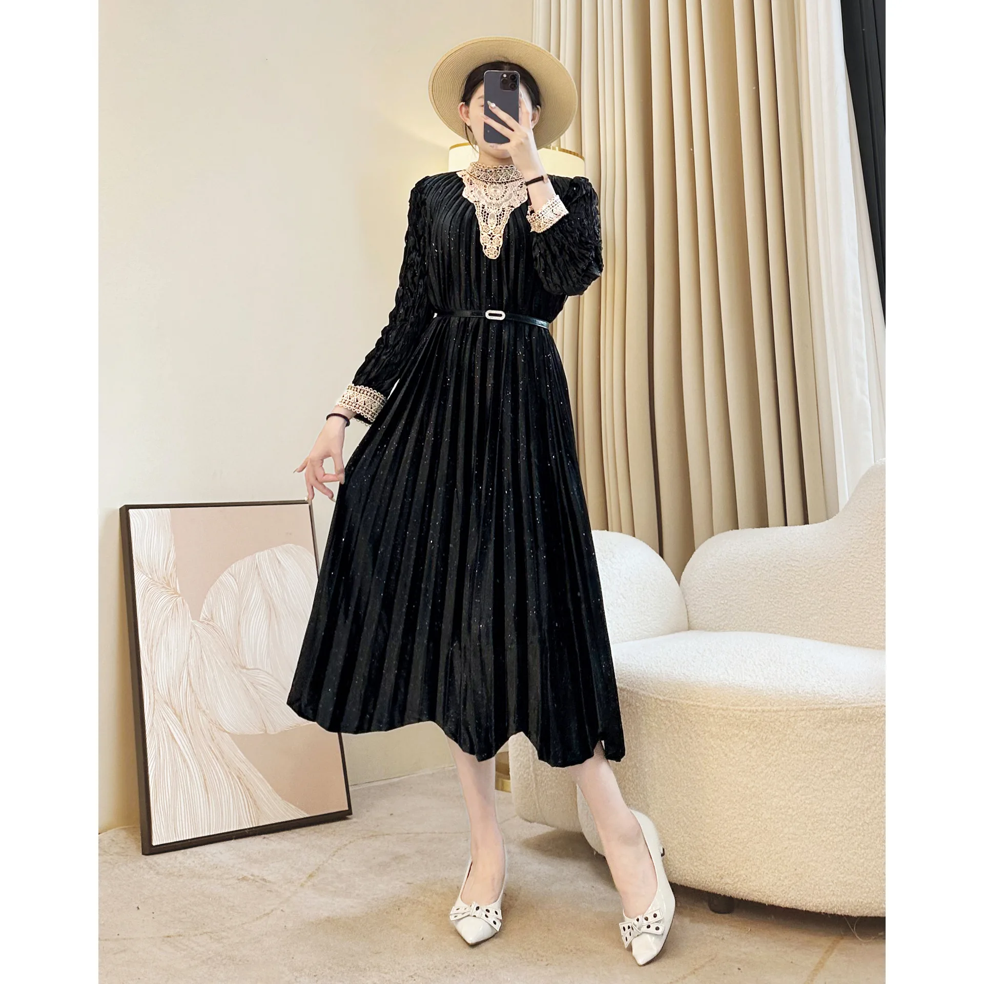 

Gorgeous Black Pleated Maxi Dress! Lace Collar, Sparkling Embellishments & Waist - defining Belt Design Women's Casual Dress