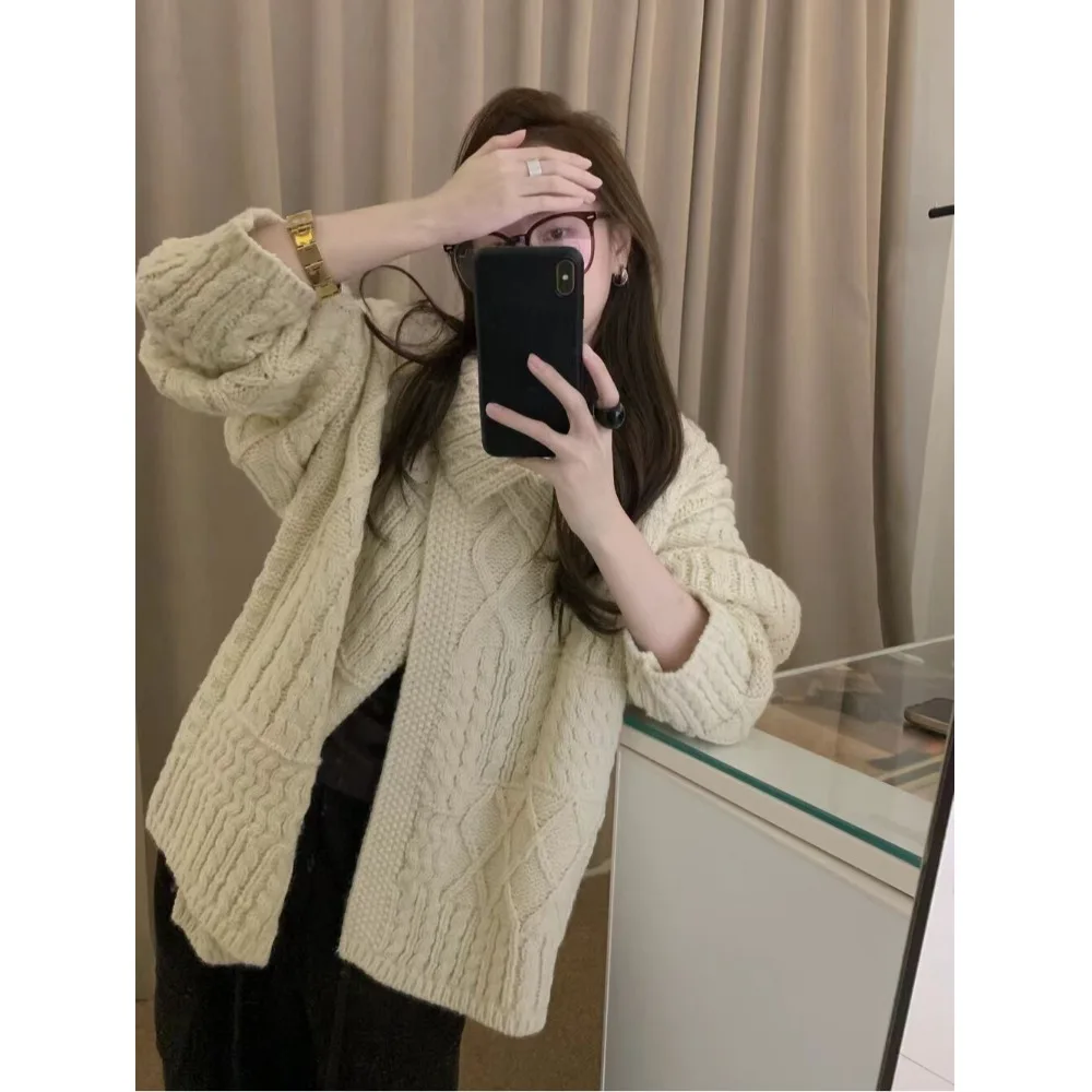 

Ladies' Knitted Open Cardigan Sweater Spring 2026 Early Season Korean Sle Loose Fit Warmth Faionable Turn-down Collar Laz...