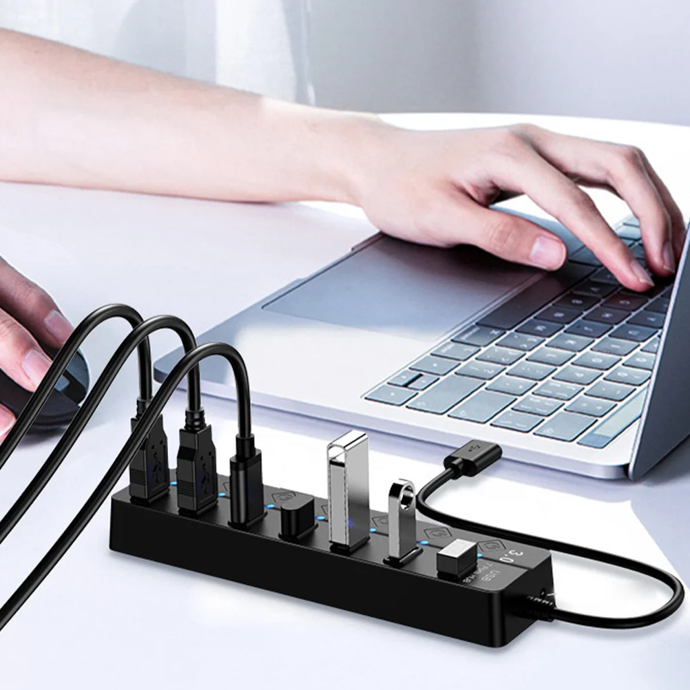 

7-Port Usb 3.0 Hub High-Speed 5Gbps Thickened Copper Core Led Indicator Backup Power Supply Multiple Usb Devices Splitter