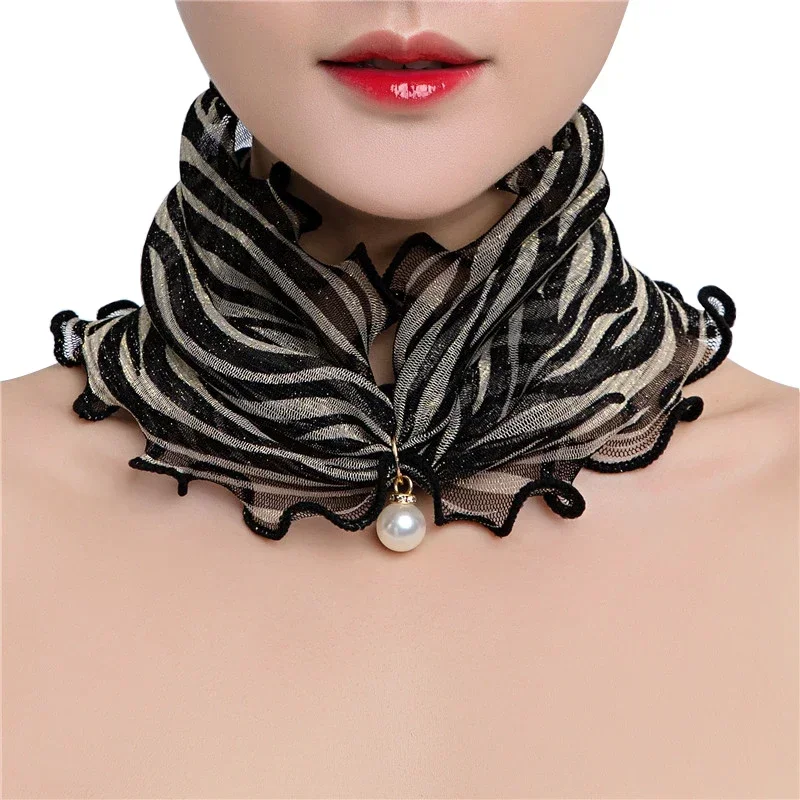 Fake Pearl Pendant Ruffle Lace Scarf Organza Neck Collar Chiffon Scarves Multi-functional Elastic Neckerchief Wrap Shiny Scarf