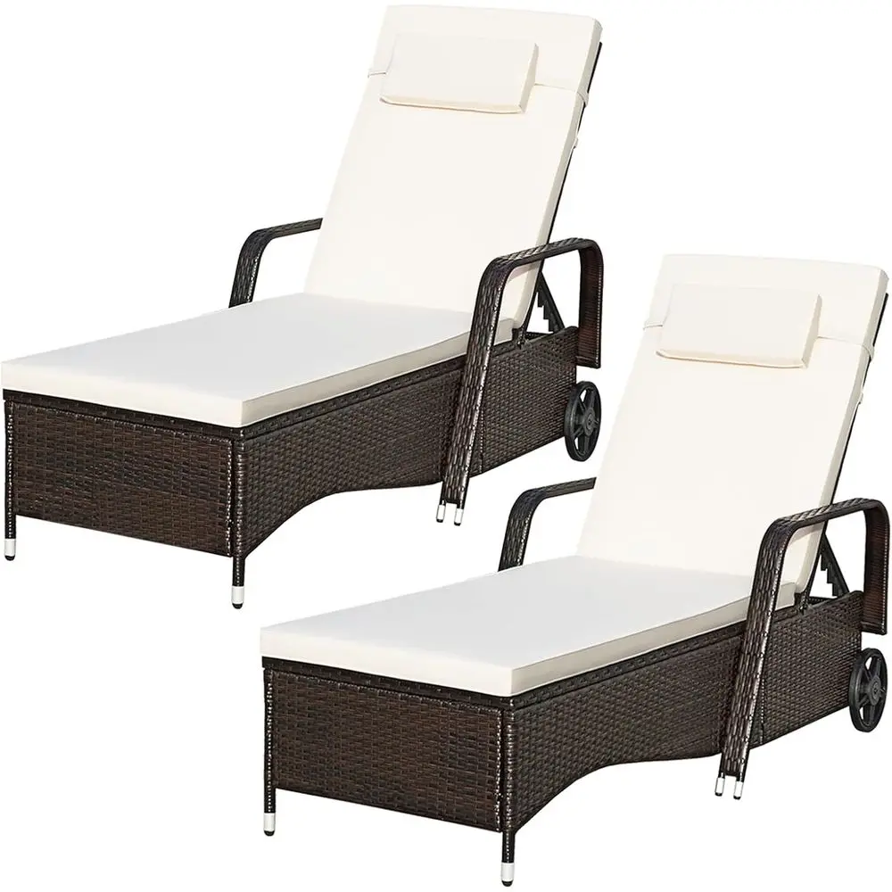 

Patio Wicker Lounge Chairs with Wheels, 79 Long Reclining Sun Lounger, Adjustable Backrest, Cushion & Pillow, Ideal for Outdoor