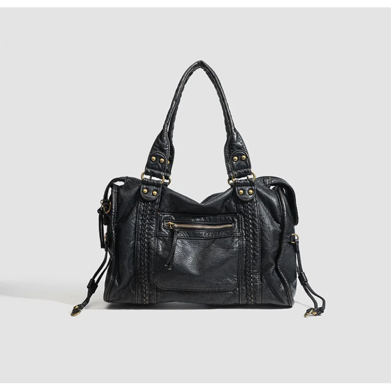 

Черная мотоциклетная сумка в стиле ретро, сумка через плечо на одно плечо, большая сумка, женская сумка большой вместимости, стираная сумка