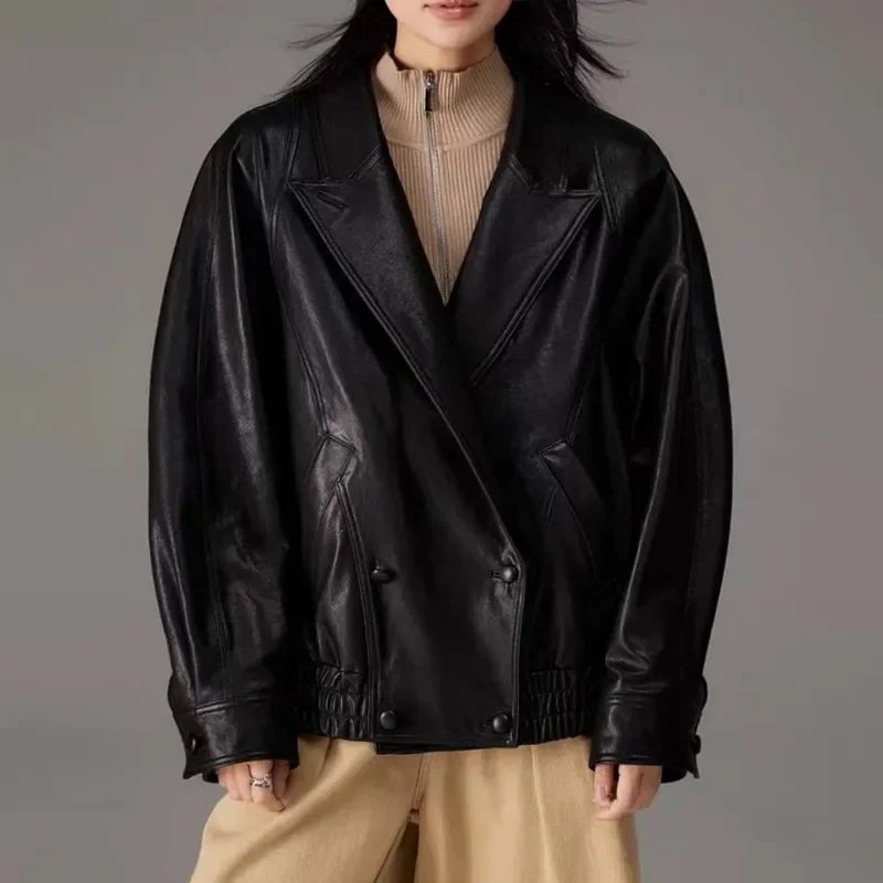 Women\'s Sheepskin Leather Jackets Casual Lapel Coat Drop Shoulder Loose Temperament Outwear Spring Autumn Bomber Jacket