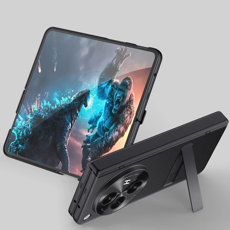 For OPPO Find N3 Case PU Leather Hinge Kickstand + Tempered Glass Folding Lens Protection Cover For OnePlus Open