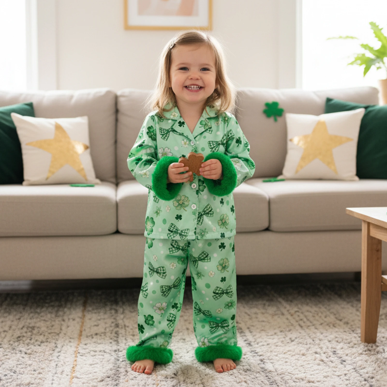 Toddler Little Girl Spring Fall Pajama Set Shamrock Print Furry Trim Button Up Long Sleeve Tops and Pants Sleepwear  Set