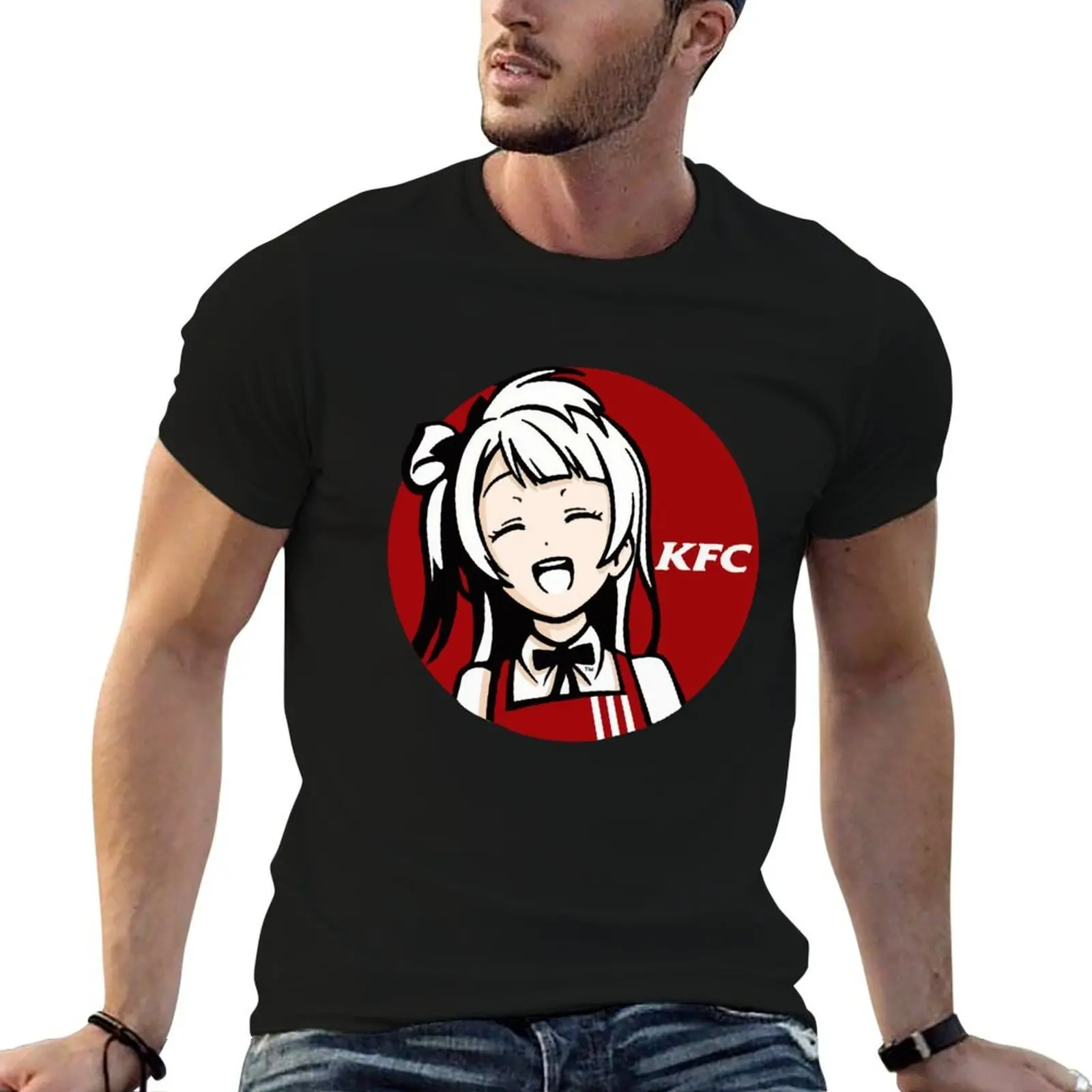 Camiseta con estampado de chica anime y pollo frito de Kentucky, camiseta festiva sencilla