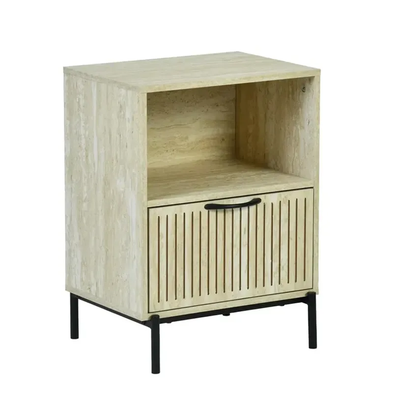 Modern Front Bedside Table with Groove and Open Shelf Limestone Veneer Black Metal Legs Bedroom Furniture Wholesale Bulk