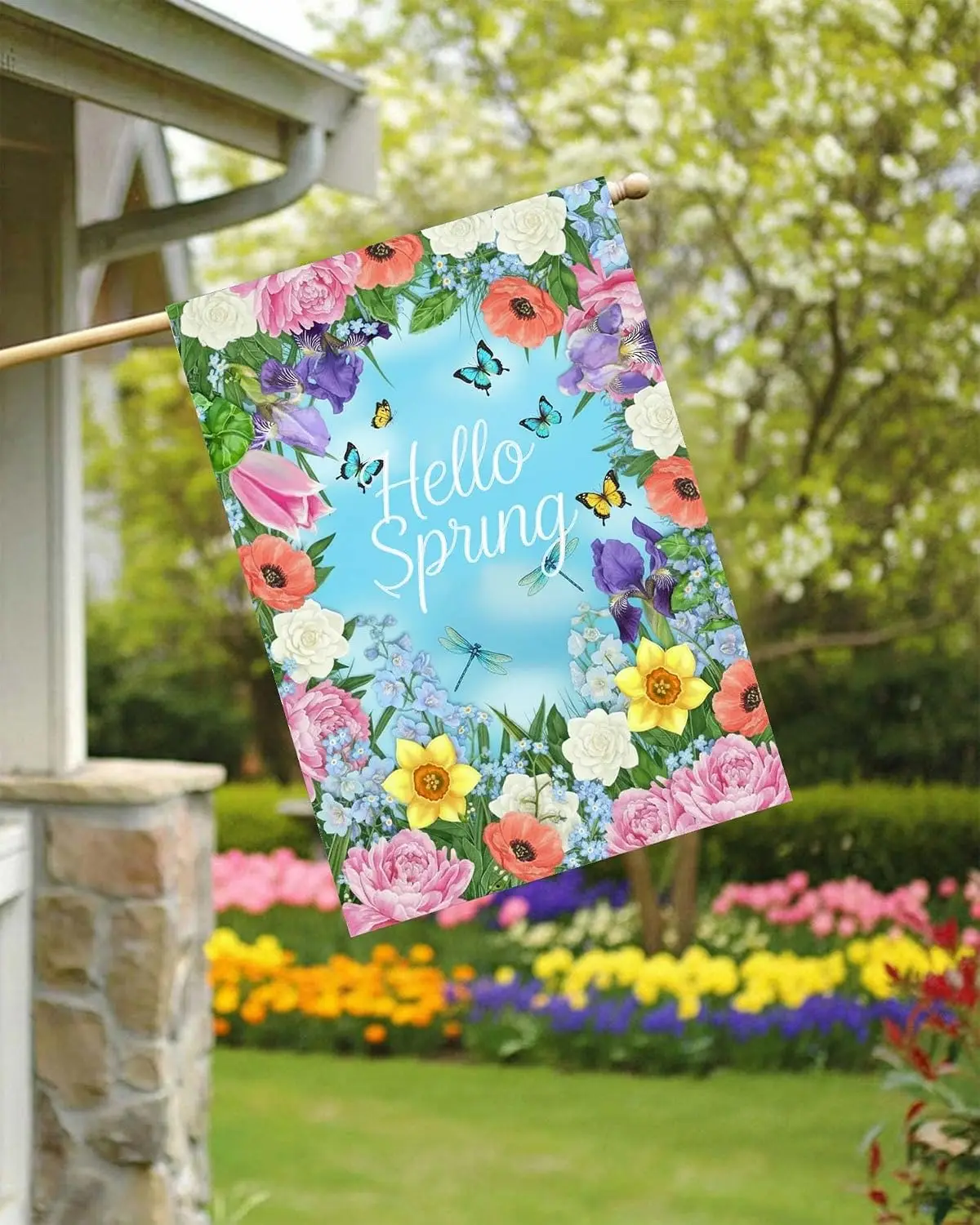 Hello Spring Flowers Pansy Tulip Daffodil Dragonfly Butterfly Seasonal House Flag 28