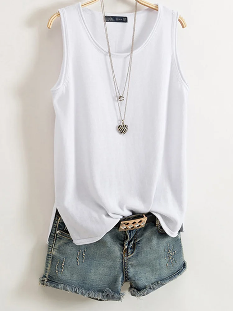 Camisola de algodón y lino para mujer, novedad de verano 2021, camisa baja de punto sin mangas en forma de I, ropa exterior corta, Top holgado liso