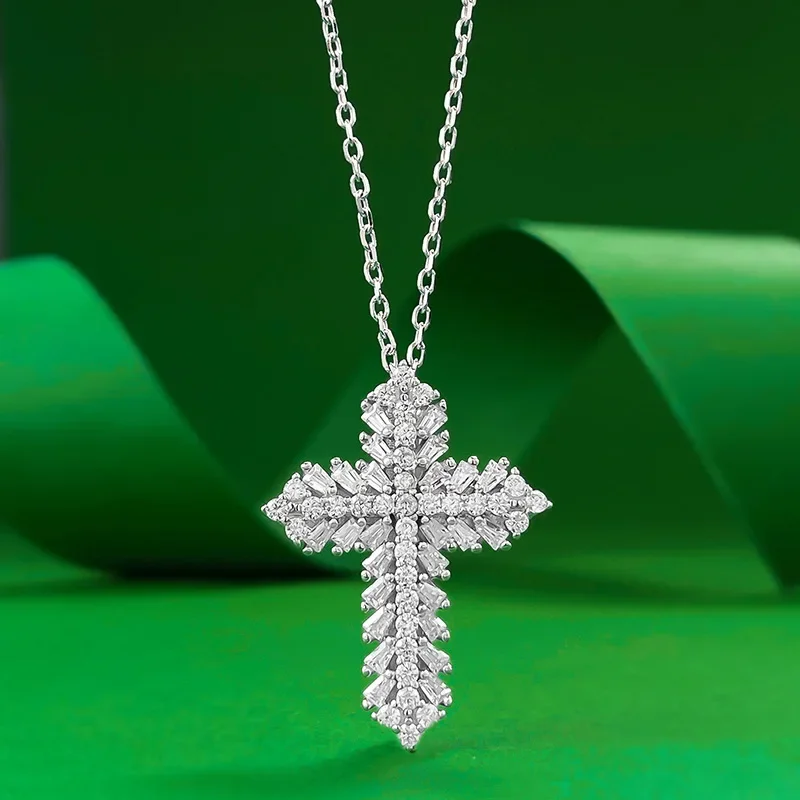 2024 New S925 Silver Full Diamond Brilliant Cross Pendant for Women's Fashion Versatile Single Item Heart Necklace for Women