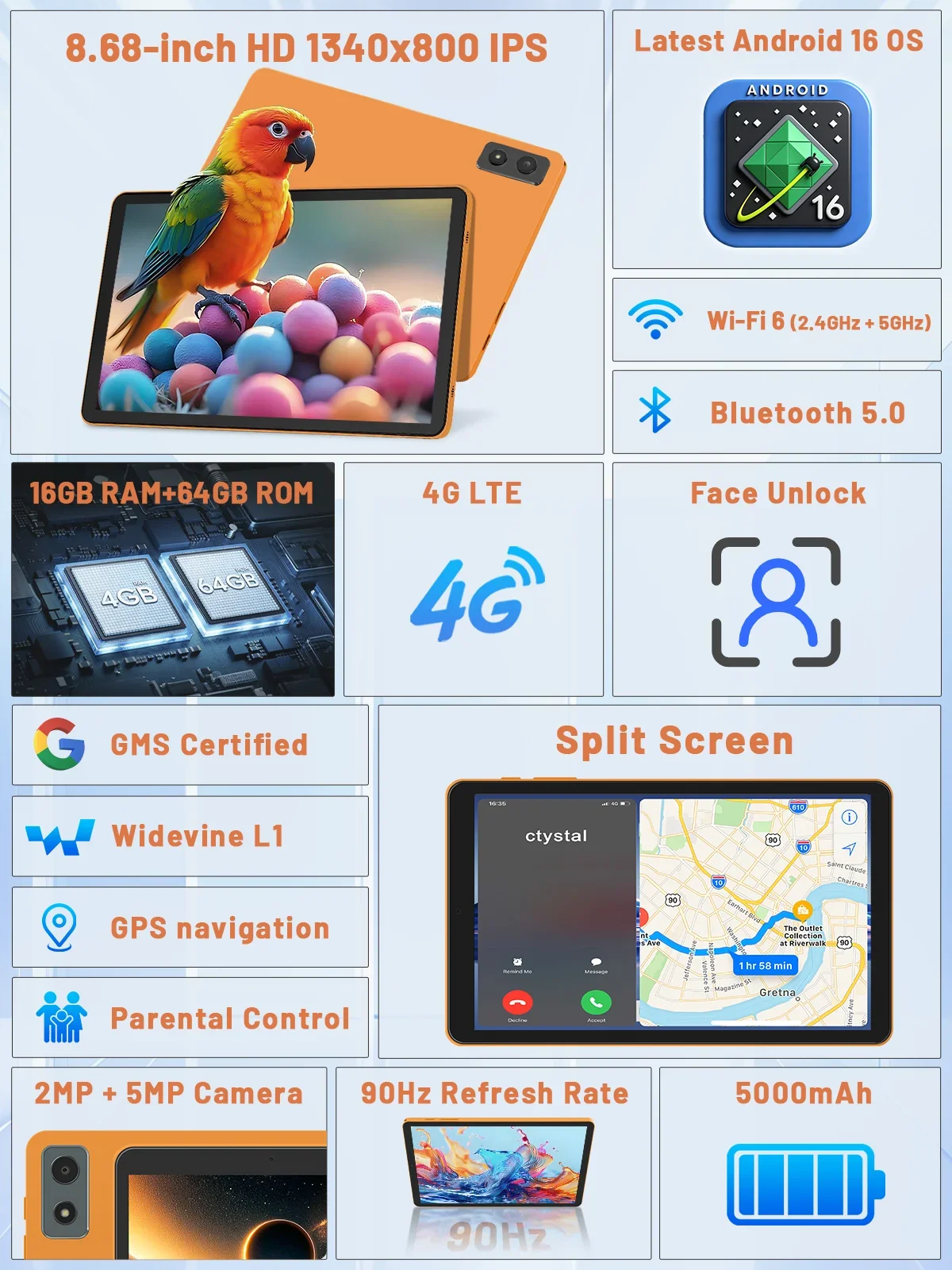 8 7 Inch Android 16 Tablet PC with SIM Card Support, Unisoc T616 Octa Core, 16GB RAM 128GB ROM, IPS HD Display, 5000mAh Battery