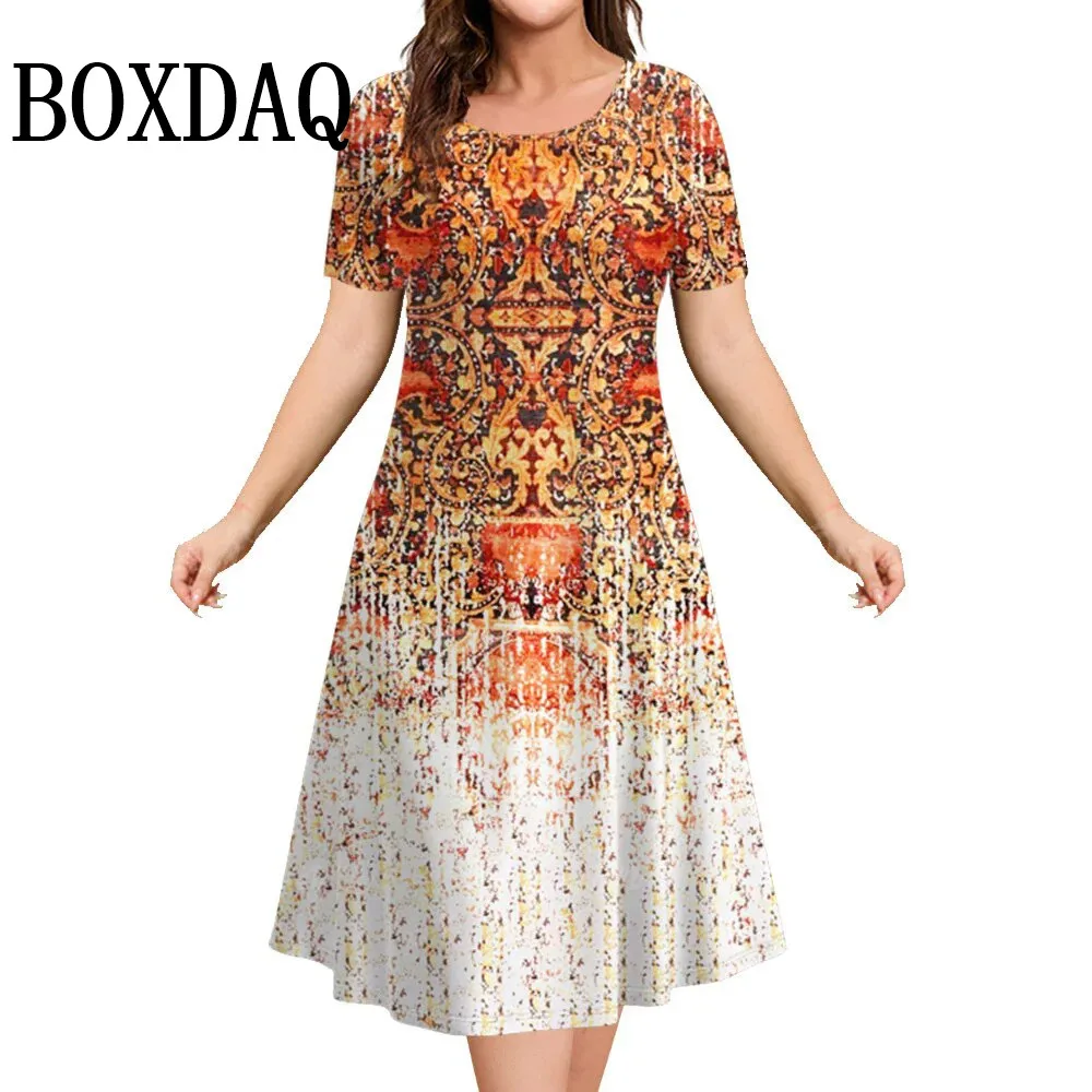 Summer Dress For Women 2025 New Boho Vintage Floral Printed Dress Female Clothing Fashion Plus Size Short Sleeve Loose Dresses