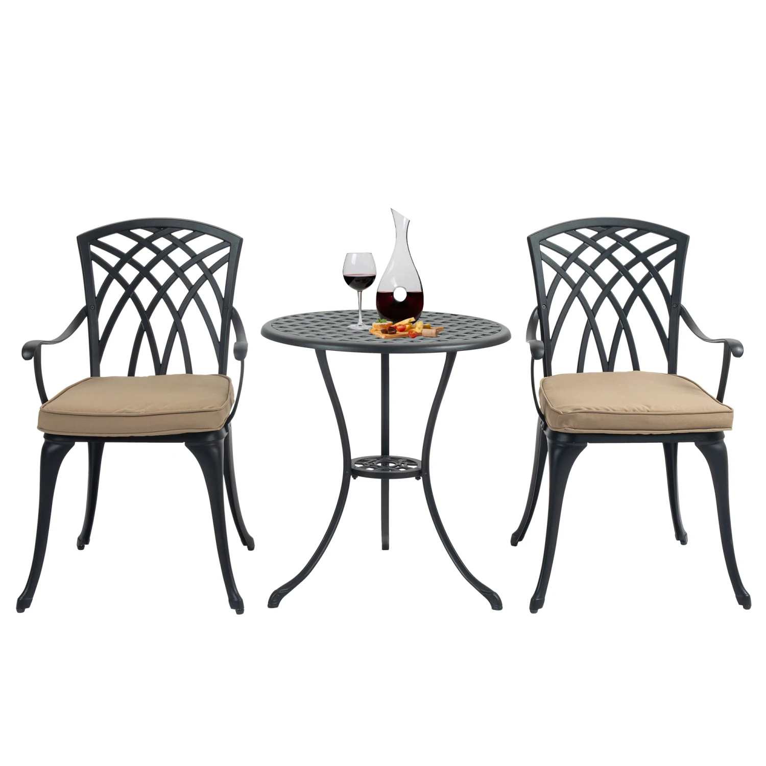 

3-Piece Cast Aluminum Bistro Set with Umbrella Hole, Grey Cushions for Patio, Balcony, Black