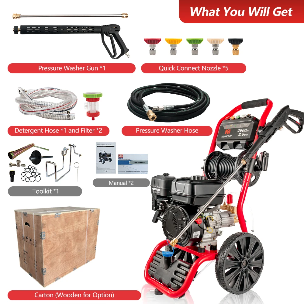 Kuhong Commercial Petrol High-Pressure 180Bar 2600psi Pressure Washer Machine New Manual Cold Water Cleaning Plastic Material