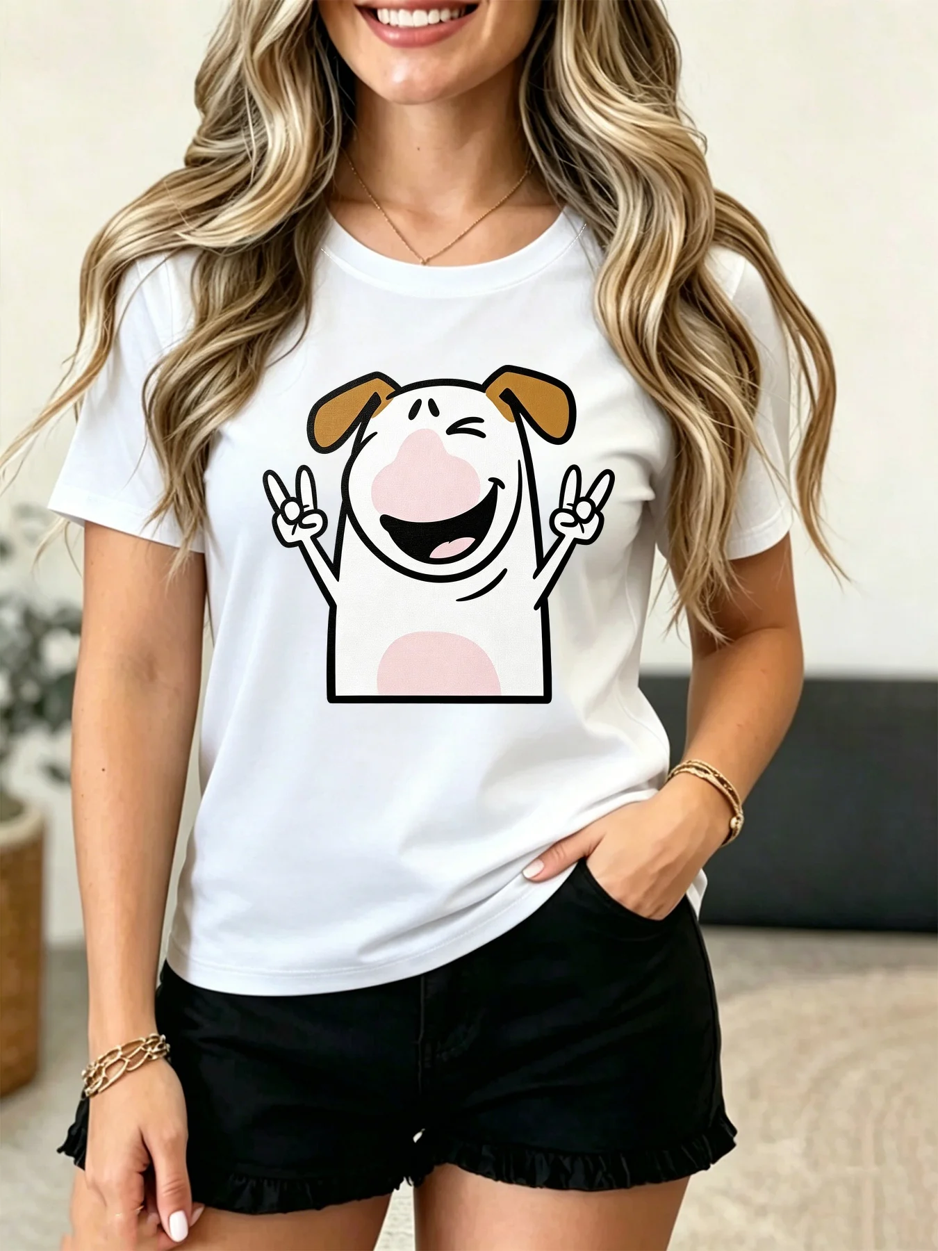 Women Crew Neck Tee Cute Smiling Dog Double Peace Sign Graphic Print Short Sleeve Loose Ladies Cotton Plus Size Casual Top