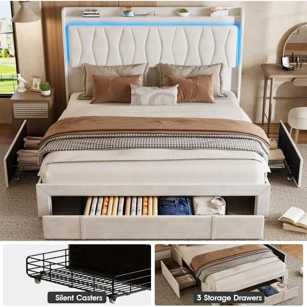 Bed Frame with LED Light and 3 Drawers Storage, Charging Station Wingback Tall Headboard, Upholstered Velvet Platform Bed Frame