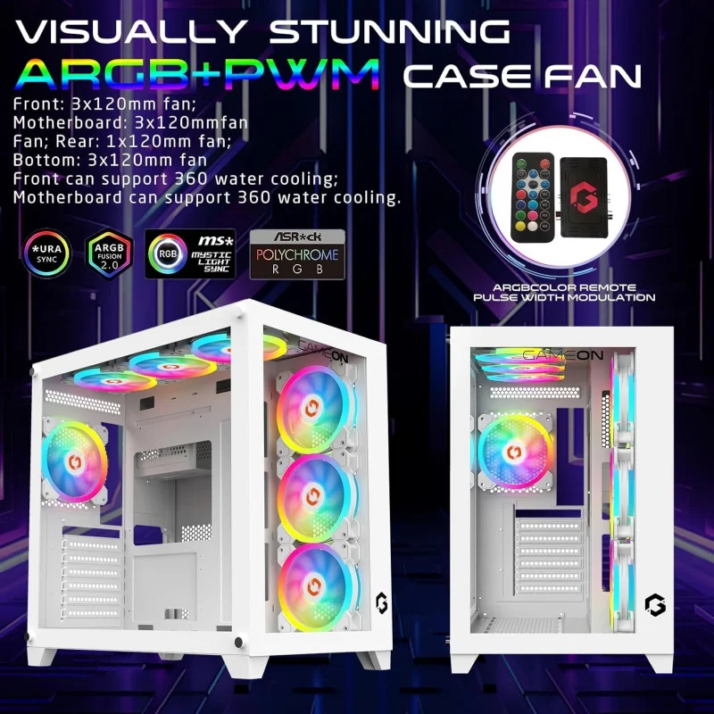 حافظة ألعاب للكمبيوتر الشخصي من سلسلة Arctic Mid Tower، إضاءة ARGB+PWM مقاس 120 مم، زجاج مقسى، 7 مراوح تبريد مثبتة مسبقًا، Dus