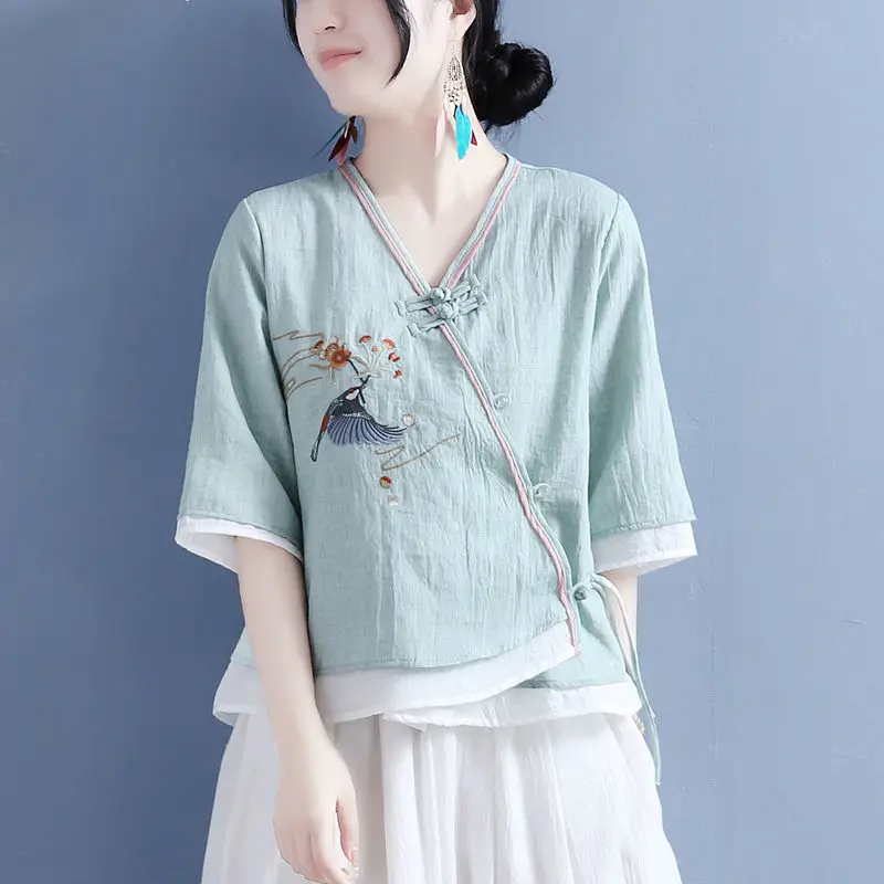 Ele V-Ne Embroidered Cotton Linen Top with Bird And Flower Motif Middle Sve Women's Retro Tea Clothing Small irt