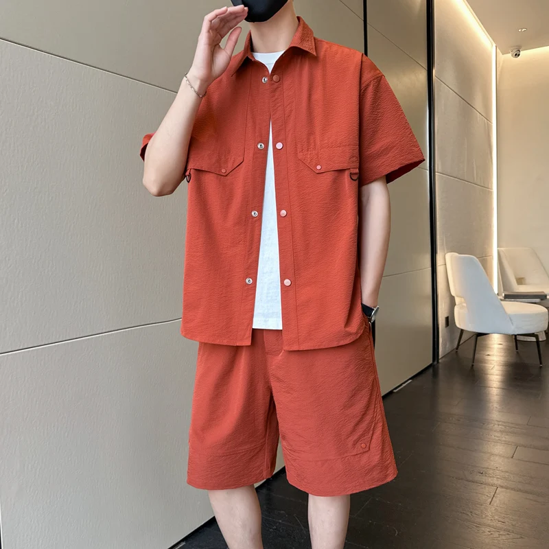

Mens Summer Sets Casual Loose Fit Ice Silk Shirt with Shorts New Solid Color Turn Down Collar Top Bottom Set Fashion Outfits