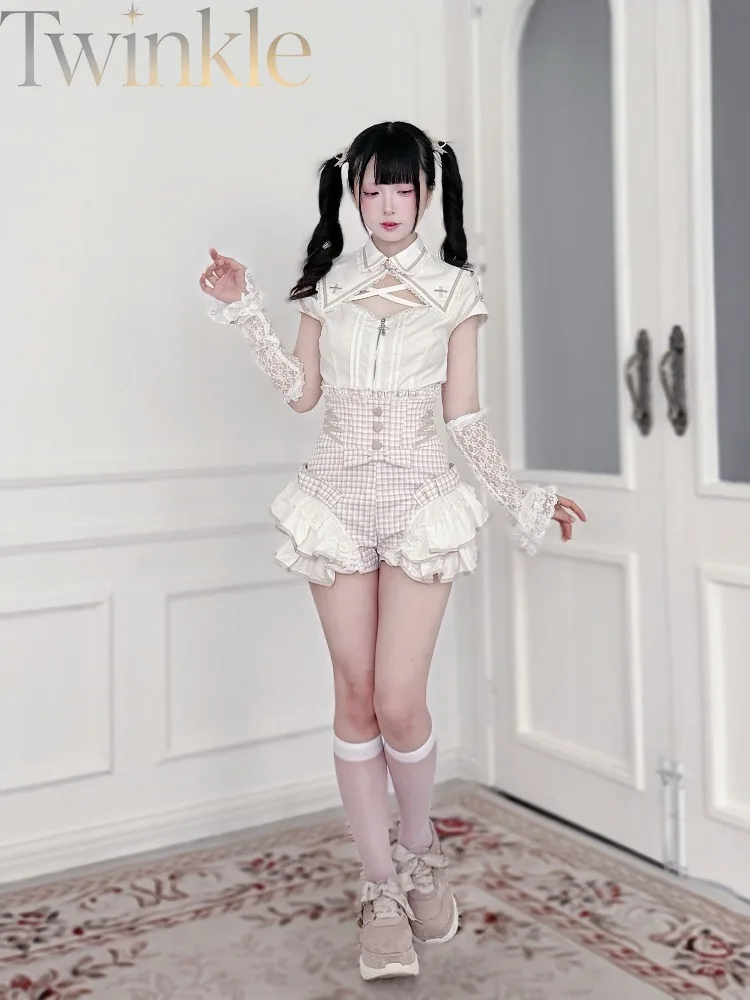 Lolita 2 Piece Set Women Japanese Kawaii Lace Blouse and Mini Skort Cross Detail Ryousangata Gothic Fashion Sweet Girly Outfit