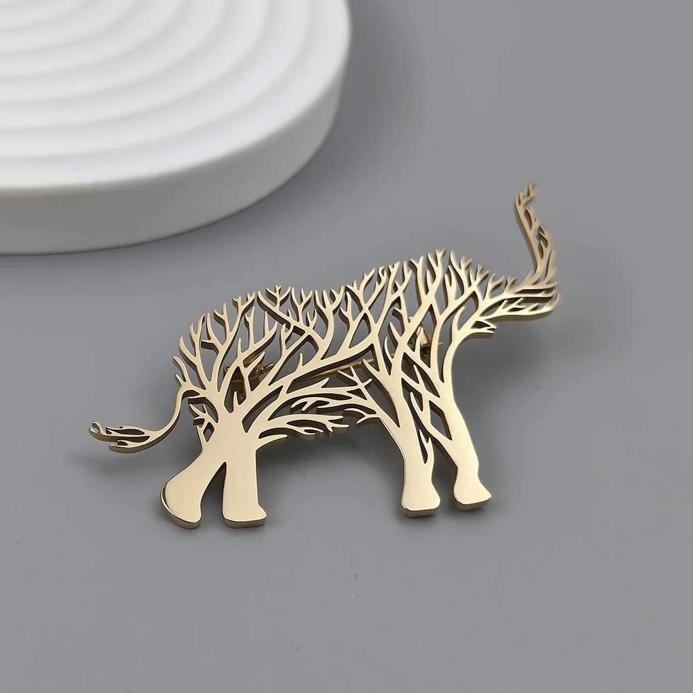 Creative elephant tree of life hollow gold-plated brooch, men\'s collar lapel pin black, suit accessories, gift for husband