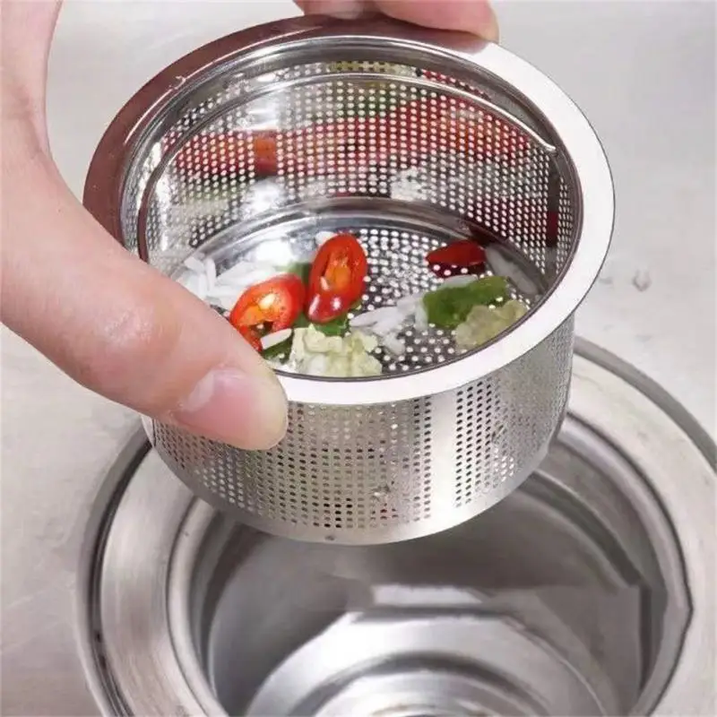 Colador de fregadero de cocina de acero inoxidable 304, tapón de filtro de drenaje para lavabo de agua con orificio denso, cesta con mango, accesorios de drenaje