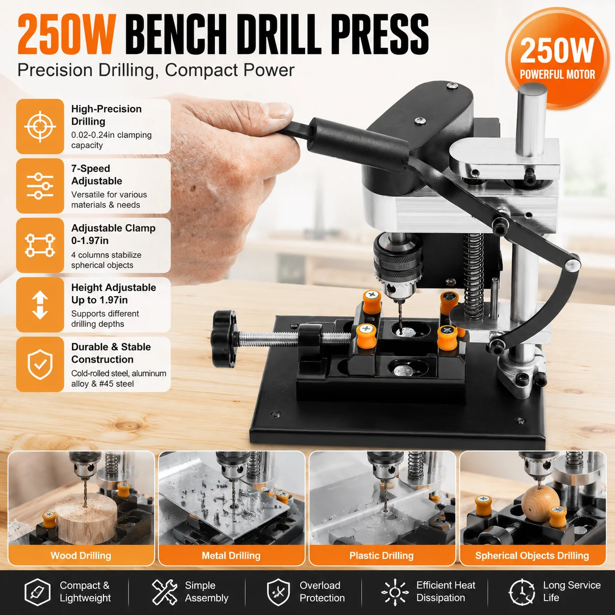 250W 220V Mini-Tischbohrmaschine 7-Gang einstellbar 8000 U/min Hochpräziser Kupfermotor Elektrische Bohrmaschine 0,6-6mm Bohrfutter 0,02-0,24 Zoll mit Kobaltlegierungsbohrer für Holz Metall Aluminium