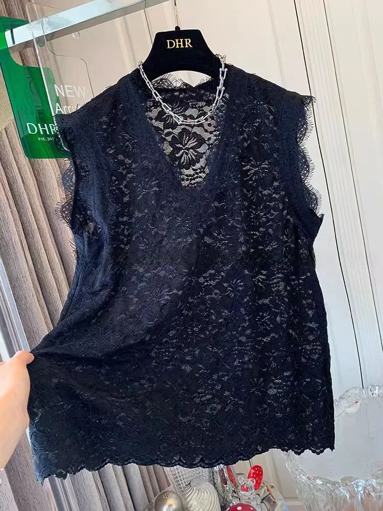 

Sli Lace Svel Vest Large Size Loose Slimming Top Women's Base irt Faionable Casual Wear Vintage Sle V-Ne