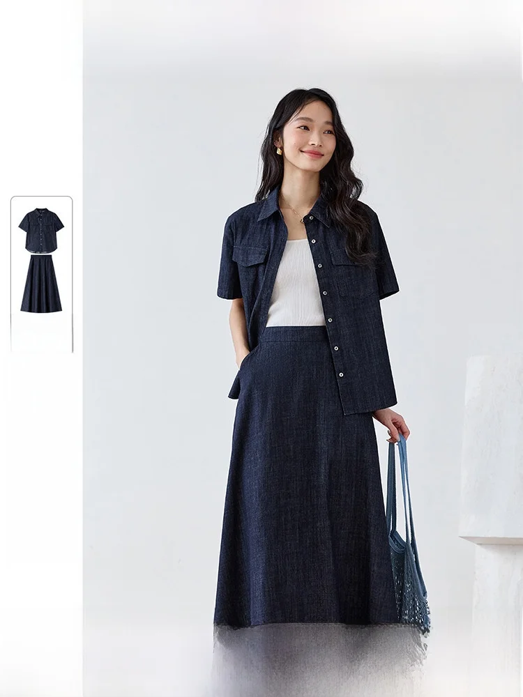 

Женский джинсовый комплект Лето 2026: Рубашка-жакет и юбка А-силуэта, костюм-двойка с коротким рукавом на пуговицах, модный ансамбль