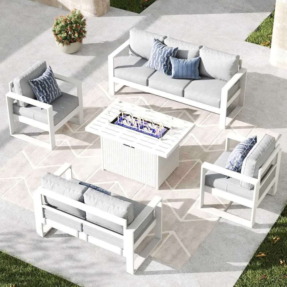 5 Piece Modern Aluminum Patio Furniture Set with Fire Pit Table, Olefin Cushion, Outdoor Patio Sectional Conversation Set