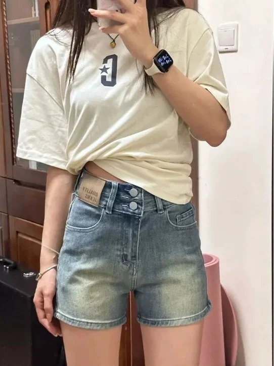 

American Style Vintage High Waist Seven-Foot Women's Jeans Summer New Loose Wide Leg Pants Short Size Small Middle Pants