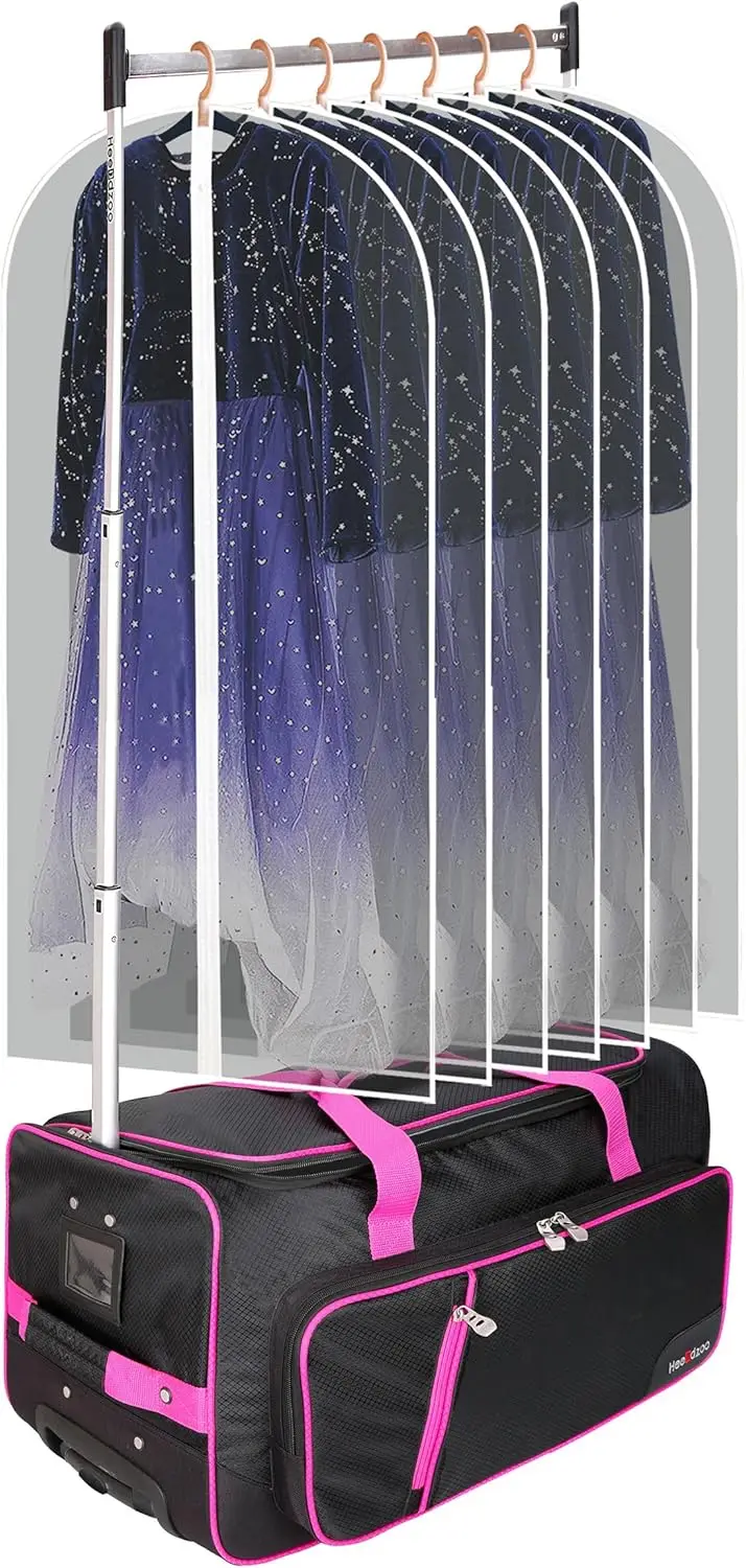 

Pink 23-Inch Rolling Dance Competition Garment Bag with Clothes Rack, Wheeled Upright Luggage for Travel