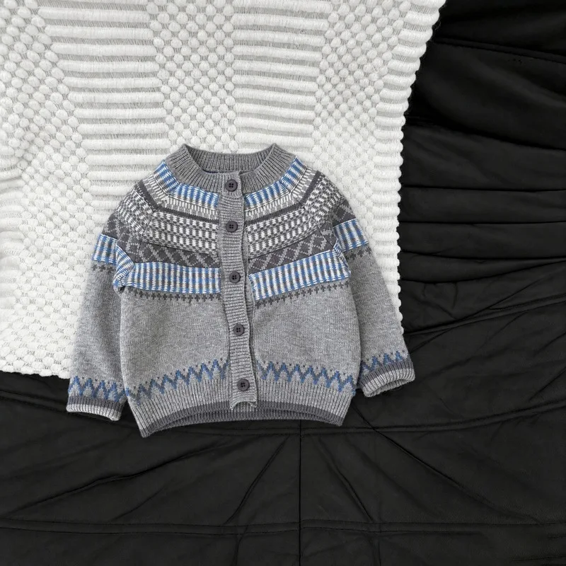 2026 Autumn New Children Sweater Coat Girls Fair Isle Knitted Cardigan Cotton Boys Long Sleeve Casual Knitwear Kids Clothes