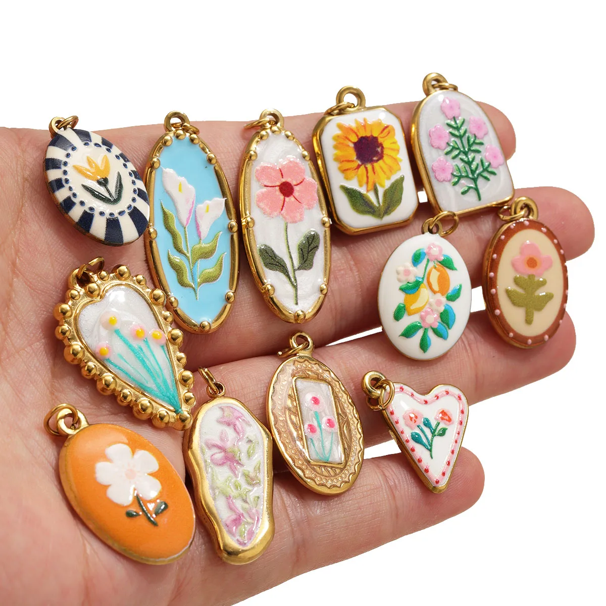 1pcs Stainless Steel Vintage Flower Charms For Jewelry Making Enamel Flower Pendant DIY Necklace Earring Connector Findings