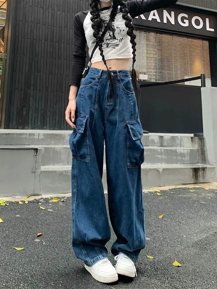 

Korean Fashion New Vintage Cargo Pants High-waisted Washed Blue Denim Pants Jeans Summer Loose Wide-leg Straight Female Pants