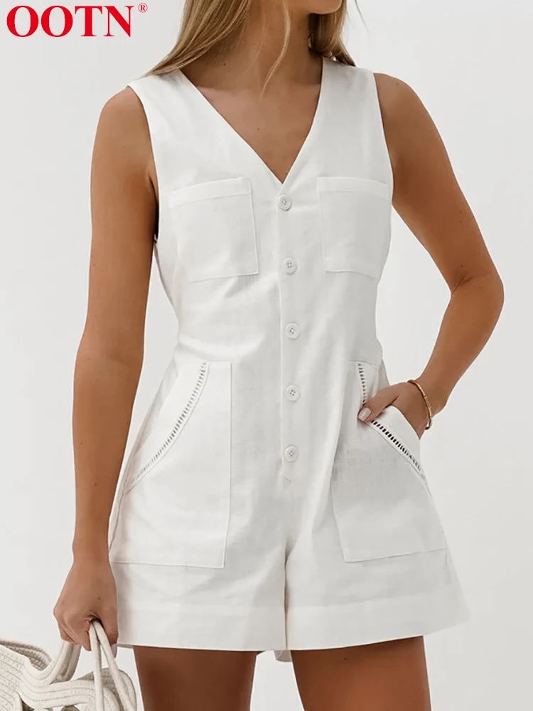 OOTN Casual Jumpsuit Women V Neck Sleeveless Cotton Linen  White 2024 Summer Fashion Lace Up Woman Button Up Pockets Solid Chic