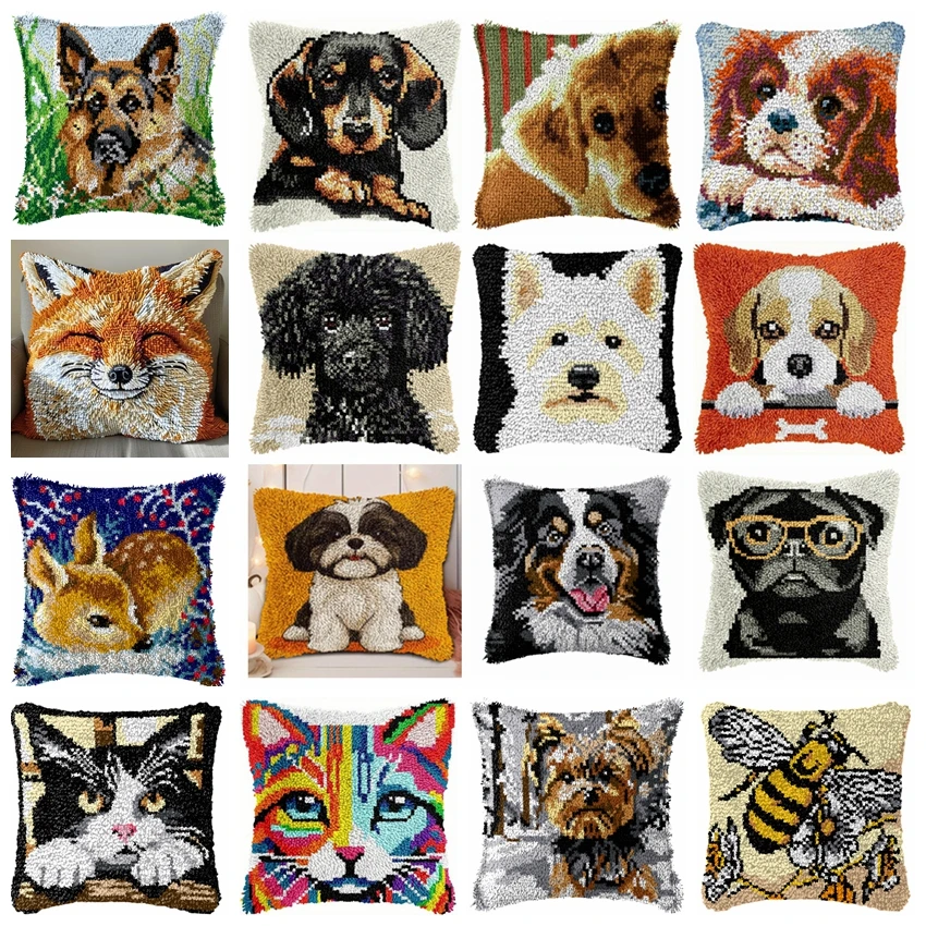 

Cute Cat Dogs Latch Hook Kit Cartoon Animal Knot Pillow Package DIY Embroidery Latch Hook Kit Cushion Pillowcase Set Decoration