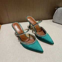Plus Size 35-43 scarpe da donna estive paillettes a punta sandali da donna con strass di lusso Party tacchi alti pantofole in raso muli