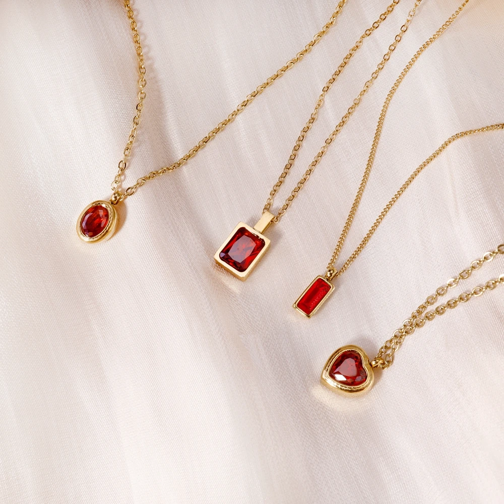 WILD & FREE Trendy Red Zircon Crystal Pendant Stainless Steel Necklace Luxury Exquisite Women Wedding Jewelry