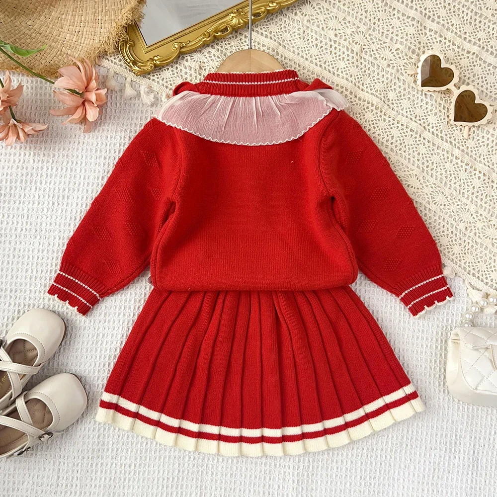 Herbst- und Winter-Set für süße Babymädchen: Gestrickter Pullover, modische Kinderkleidung, zweiteiliges Set für Mädchen, grünes langärmeliges Oberteil + Faltenrock – Detail 12