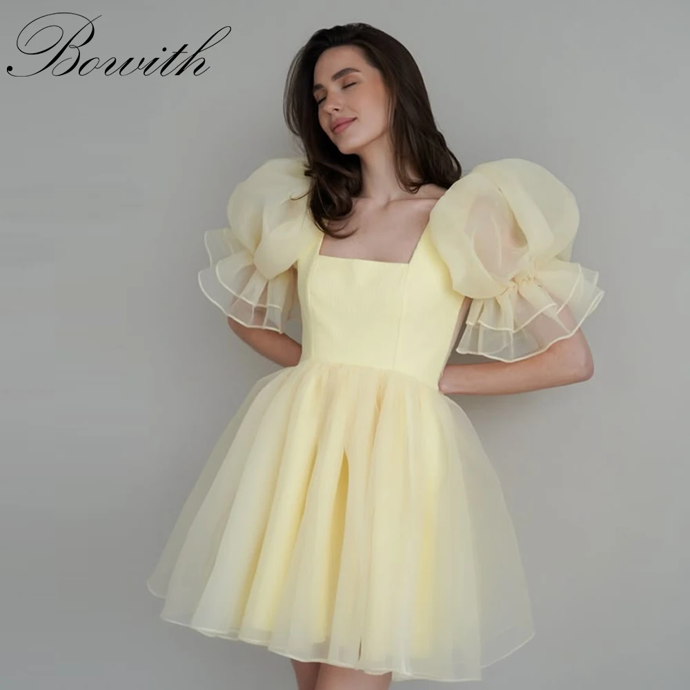 

Bowith Yellow Puff Sleeves Mini Party Dresses A-line Above Knee Prom Gown Illusion Square Collar Short Evening Dress Customized