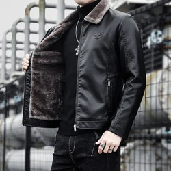 Men's Solid PU Leather Fleece Jackets Autumn Winter Casual Slim Windproof Plush Warm Faux Leather Coat Streetwear Thicken Parkas