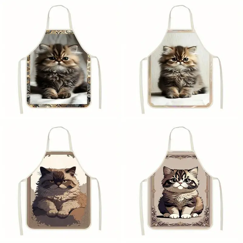 

Cute Kitten Pattern Aprons Linen Apron, Suitable For Kitchen Cooking, Parent-Child Interaction, Painting And Other Scenarios