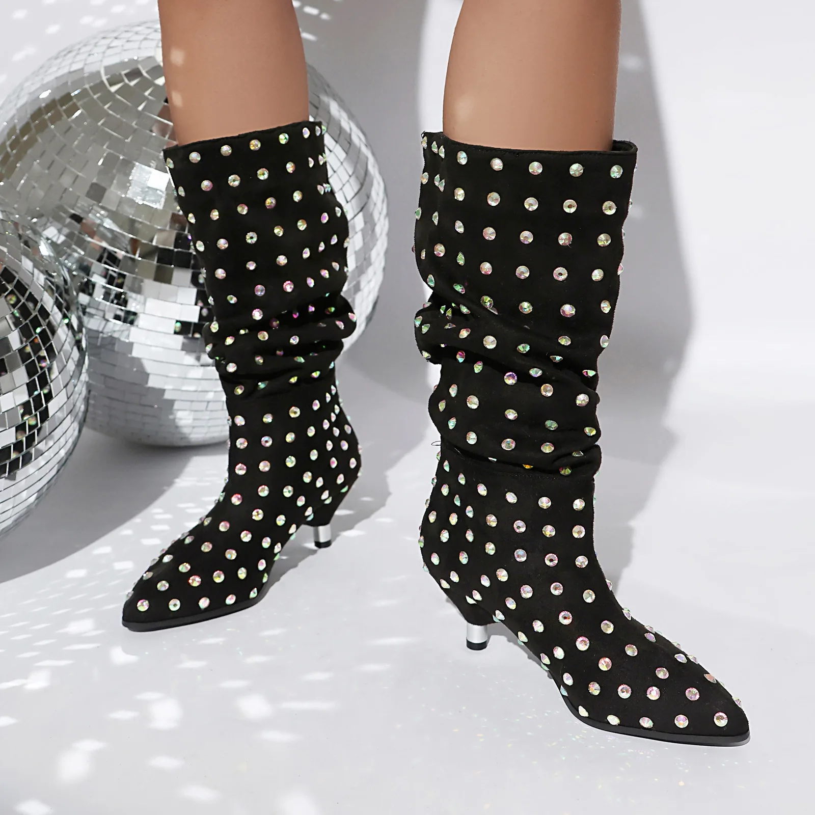 

Women's Polka-Dot Rhinestone Ankle Boots Slouchy Fit Stiletto Heel Sparkly Design for Bold Glam Disco Party Night Fashion Looks