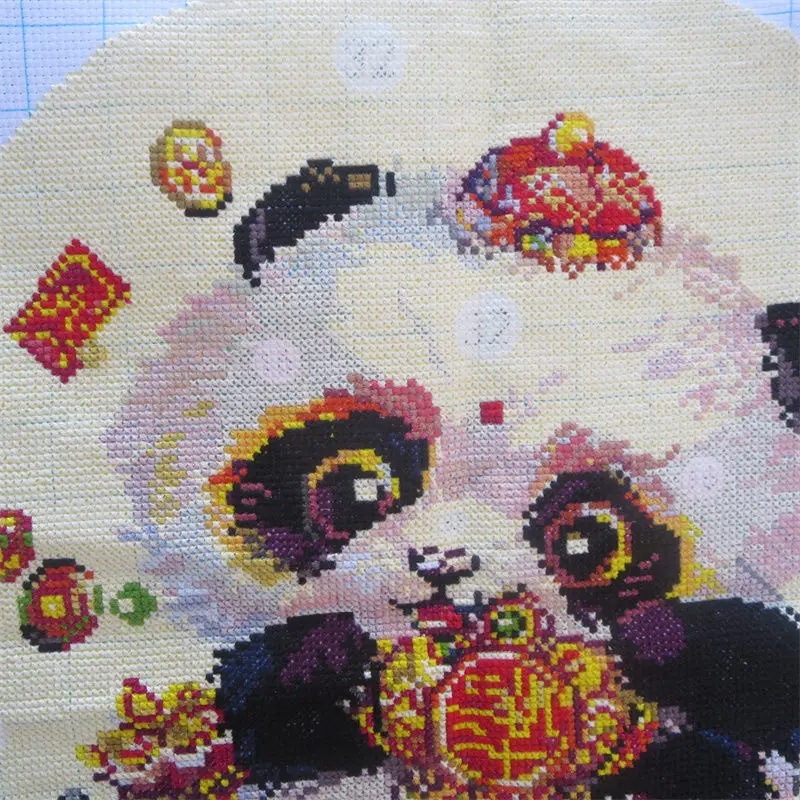 Handmade cross stitch finished product with five blessings at the door, panda new cartoon living room, bedroom, landscape