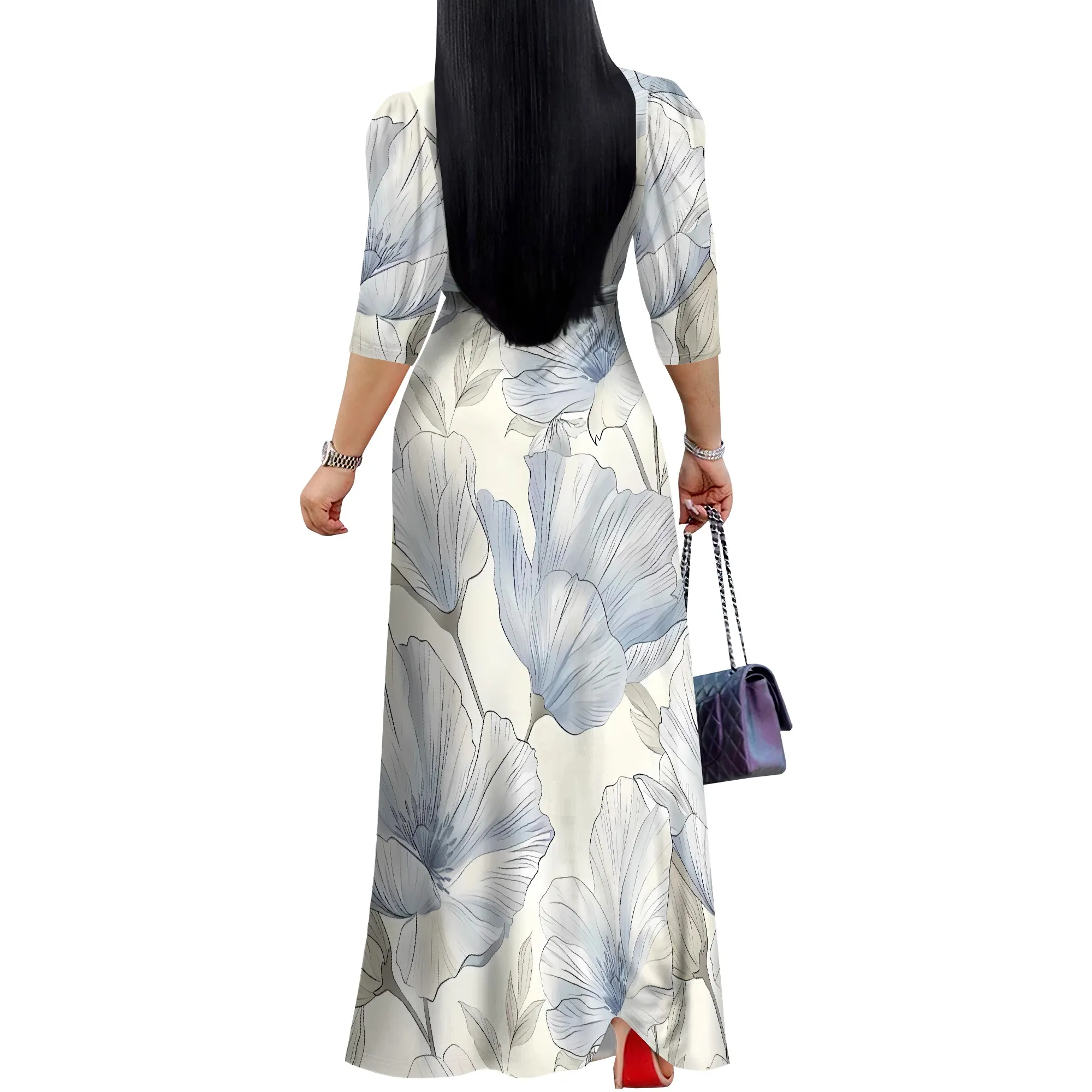 Women's Floral Polyester Regular Size 3/4 Sleeve Dress Faded Blue Party Evening